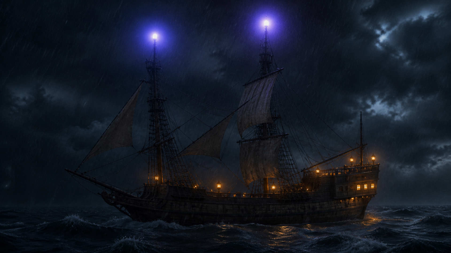 Duas luzes azul-violeta nas pontas de mastros de um navio antigo