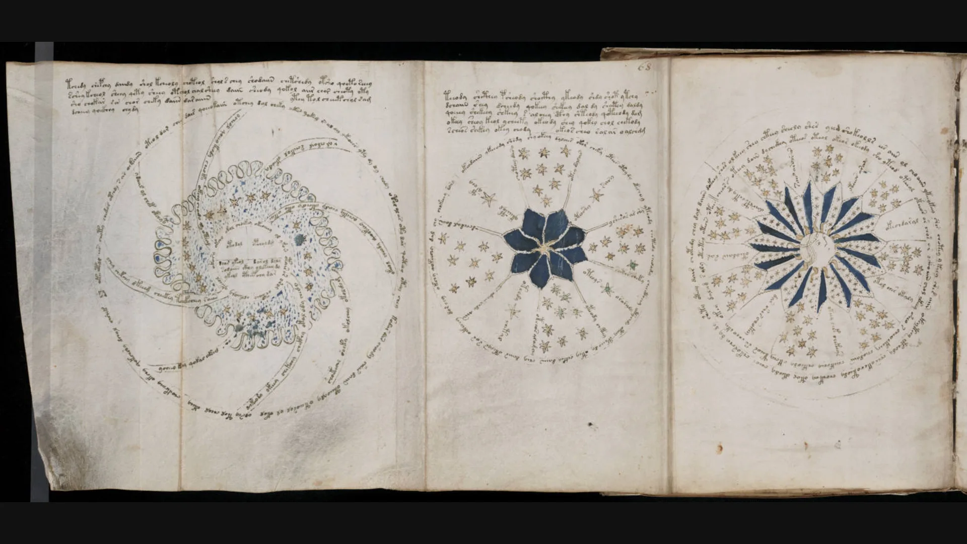 Página del Manuscrito Voynich con círculos y diagramas parecidos a la astronomía