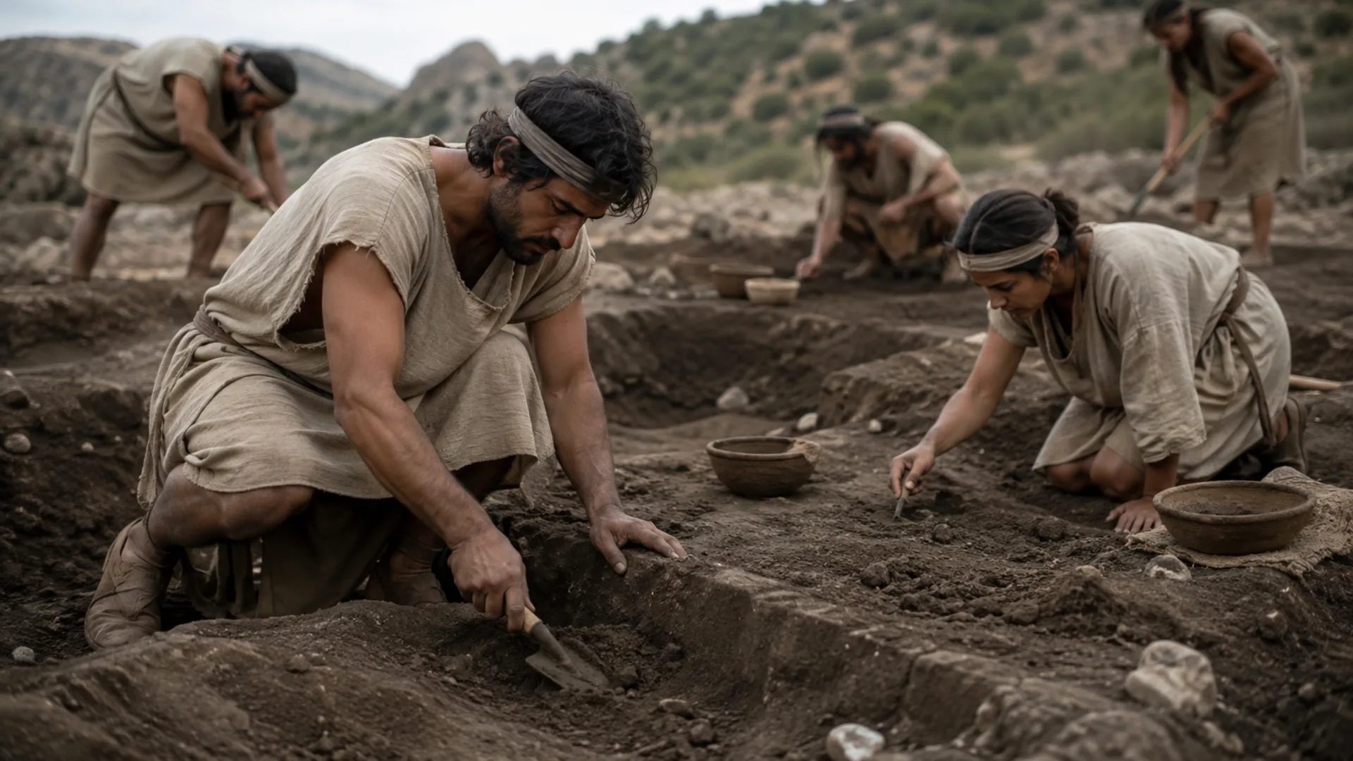 Researcher examining a subterranean stone opening in an archaeological landscape