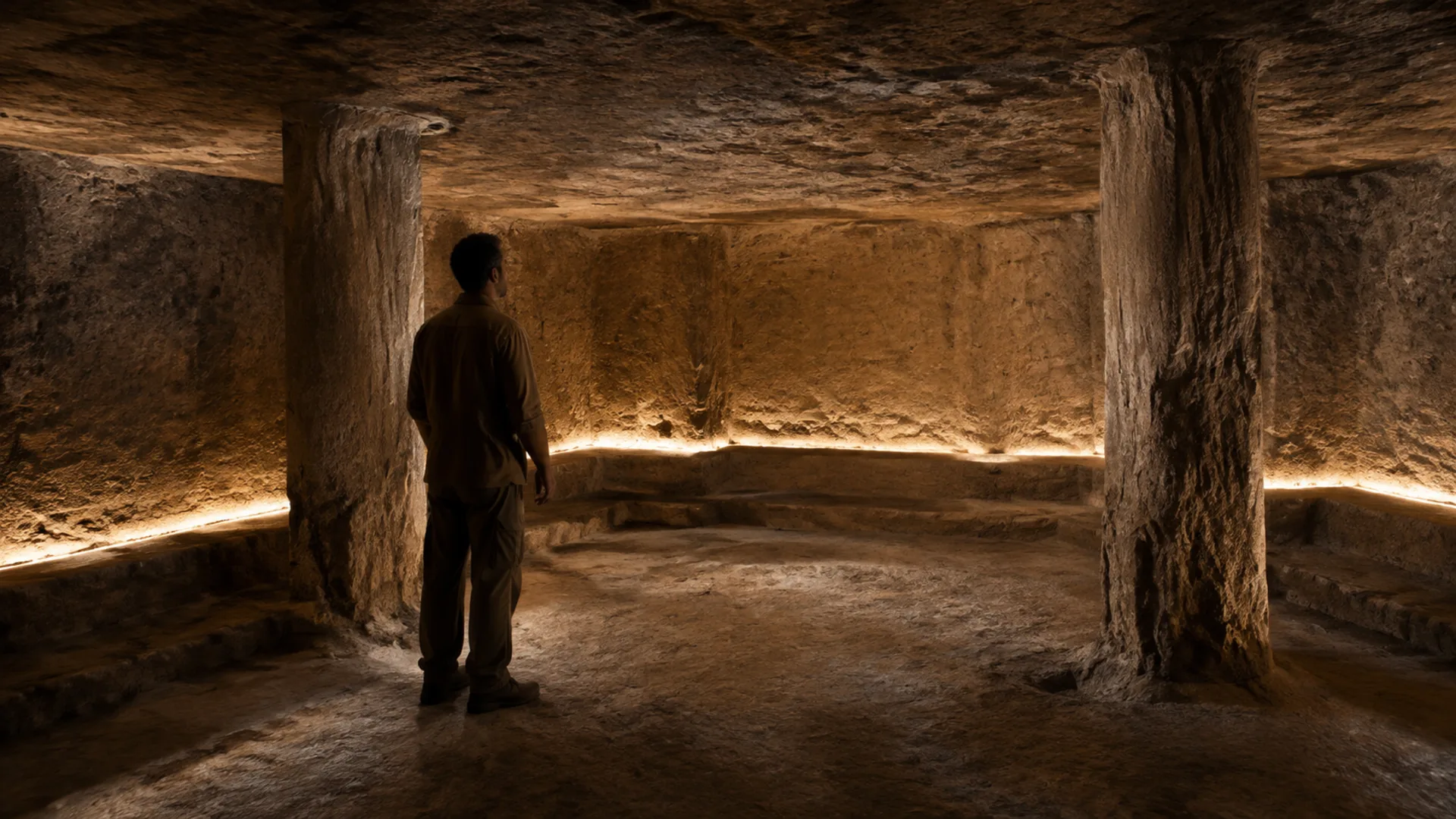 Interior of an ancient tunnel with stone walls and a narrow passage lit in the distance