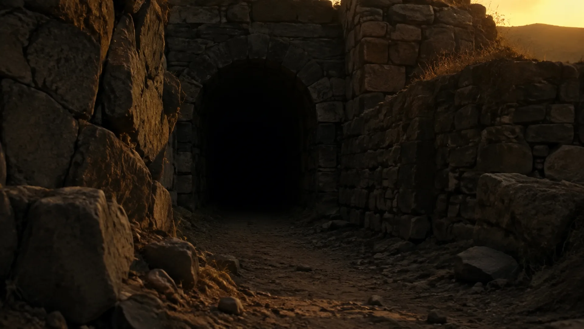 Ancient underground passage partly blocked by stones and sediment