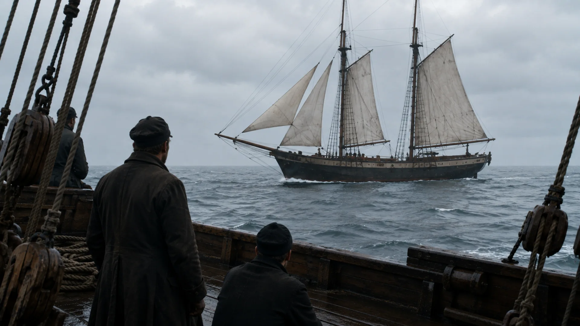 Marinheiros do Dei Gratia abordando o Mary Celeste vazio em mar aberto