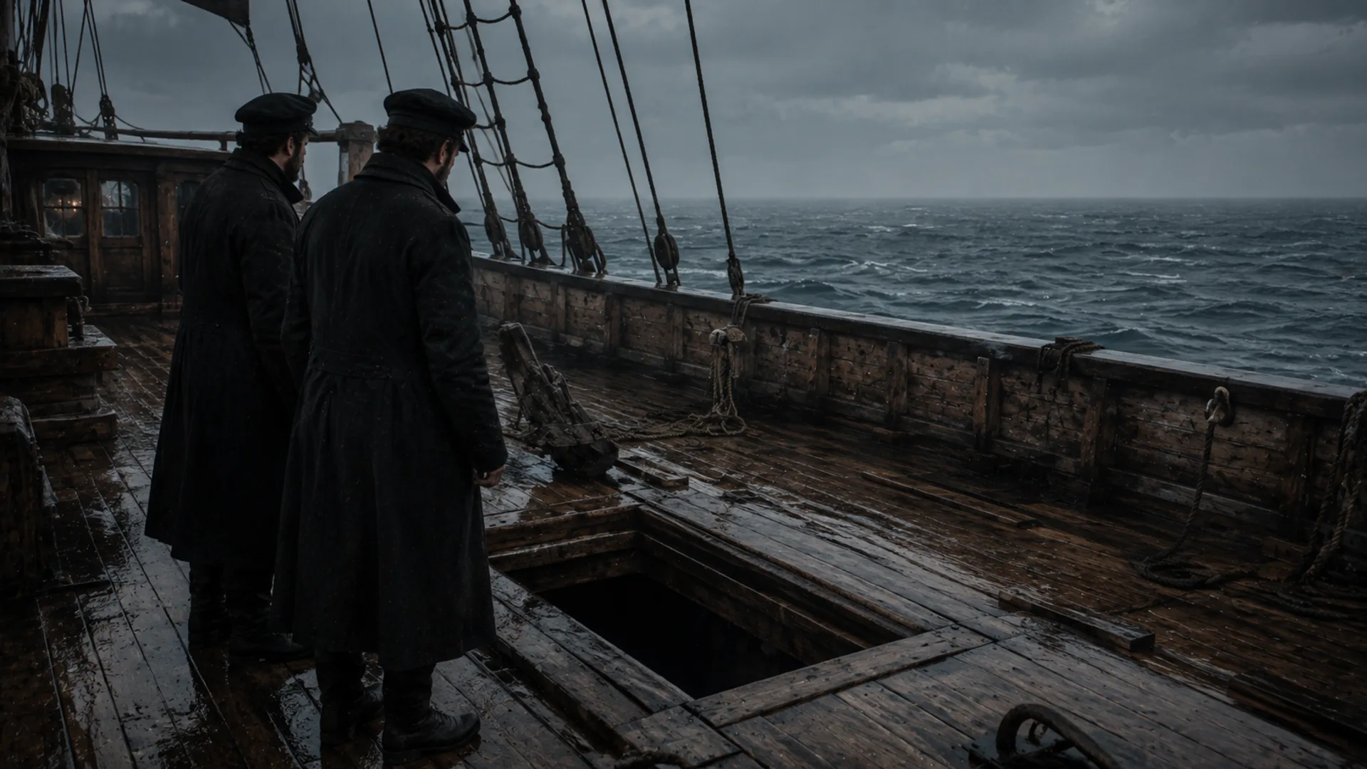 Bote salva-vidas ausente e cordas soltas na lateral do Mary Celeste