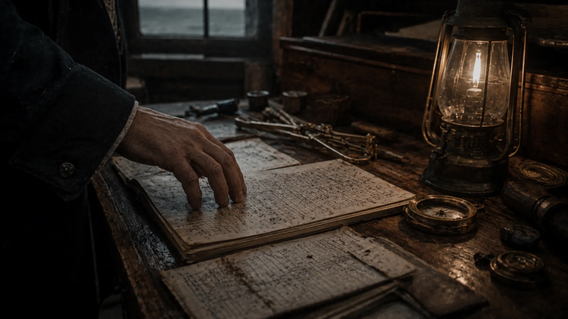 Diário de bordo e instrumentos de navegação deixados sobre uma mesa do navio