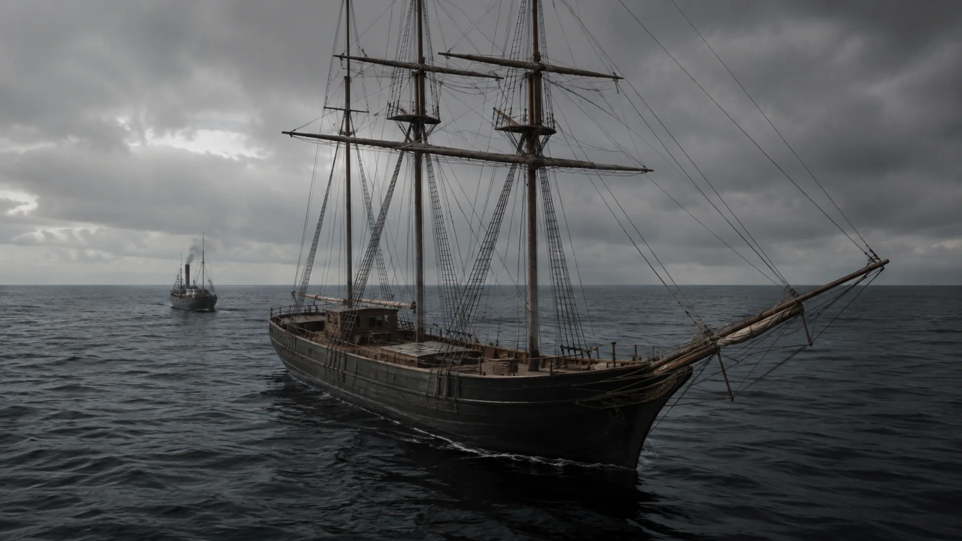Mary Celeste navegando sozinho em um oceano aberto sob céu nublado